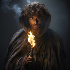 young scruffy black indian wizrd wrapped in a dark cloak holding a flaming staff tamil curly hair