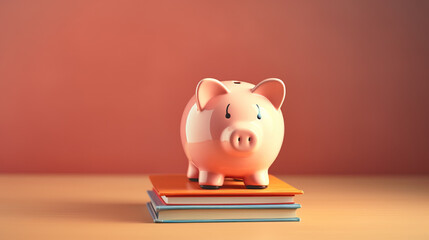 Piggy bank with books. College fees saving concept, space for text, copy space