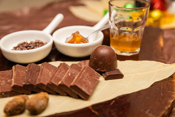 close up chocolate candy, nuts and gelly