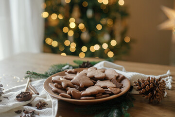 Christmas gingerbread cookies in wooden plate on rustic table on background of stylish christmas...
