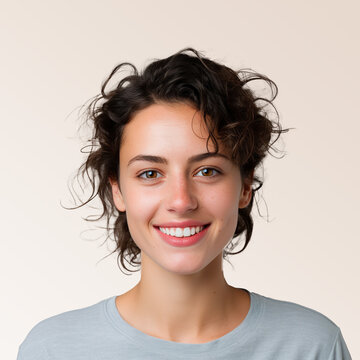 A closeup photo portrait of a beautiful young American model teen woman smiling with bright white clean teeth, used for a dental ad, dentist advertisement, isolated on gradient background, isolated