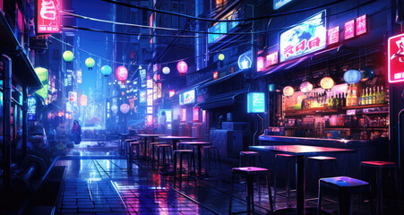 Cyberpunk futuristic city at might with neon signs