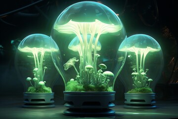 A Bio Light Bulb Ecosystem, Where Mushrooms Thrive within a Light Bulb, Showcasing an Eco-Friendly Blend of Nature and Lighting Innovation
