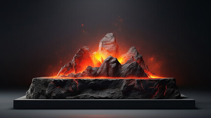 Podium lava rocks smelt on volcano with magma and lava erupt. stage for product display, blank showcase, mock up template presentation - obrazy, fototapety, plakaty