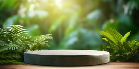 Concrete stone podium in tropical forest for product presentation and display, blurred green floral background.