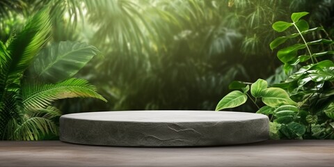 Concrete stone podium in tropical forest for product presentation and display, blurred green floral background.