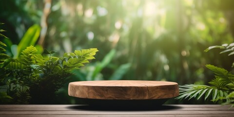 Wood tabletop counter podium floor in outdoors tropical garden forest blurred green leaf plant nature background.Natural product placement pedestal stand display,spring summer natural product concept.