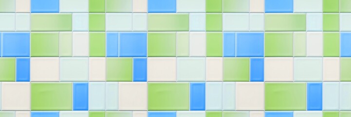 Obraz premium Soft pastel green blue white colored bright vintage retro geometric square rectangular mosaic motif ceramic subway tiles texture background banner panorama, seamless pattern