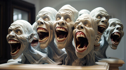 Row of eerie sculpted heads with exaggerated expressions.