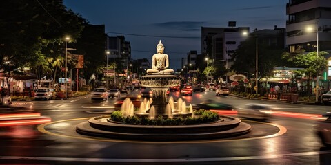 In the heart of a bustling city, a serene buddha statue stands in the middle of a traffic circle ,...