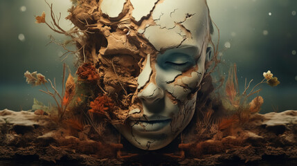 Surreal mask melding with nature, life, and decay under the sea.