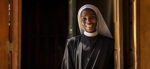 Young black African nun or catholic missionary - standing near church wooden door. Generative AI - obrazy, fototapety, plakaty