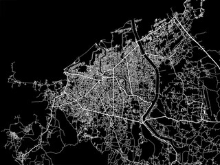 Vector road map of the city of  Banda Aceh in Indonesia with white roads on a black background.