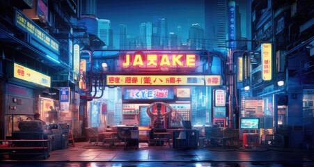 Cyberpunk neon lights shop in a street