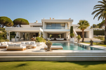 Fototapeta premium Expansive Living Room with Several White Couches, Featuring a Panoramic Sea View through Large Windows, Creating a Tranquil and Stylish Retreat
