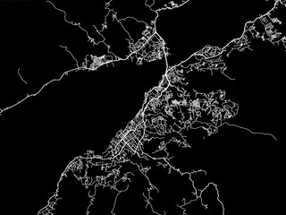 Vector road map of the city of  Ambon in Indonesia with white roads on a black background.