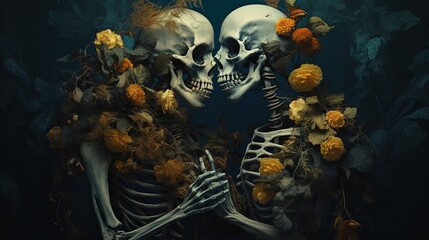skeleton corpse of couple lover with flower grow on theme, forever love, eternal love, Generative Ai