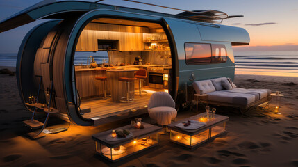 Beachfront Escape: Modern Motorhome by the Sea. Generative AI