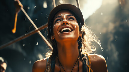 Happy women girl female gliding climbing in extreme road trolley zipline in forest