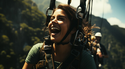 Happy women girl female gliding climbing in extreme road trolley zipline in forest