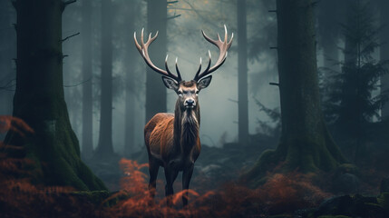 Red deer stag with antlers in a foggy forest landscape