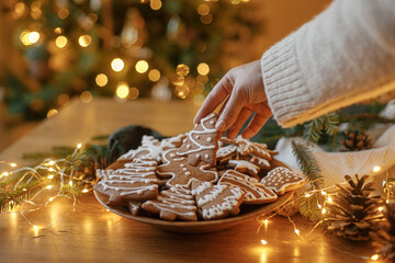 Merry Christmas! Hand holding gingerbread cookie with icing on background of cookies in plate on table against christmas tree golden lights. Atmospheric Christmas holidays, family time - Powered by Adobe