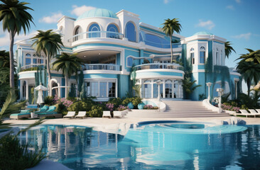Fototapeta premium Modern Oasis: A Home with a Large Swimming Pool in the Front, Blending Architectural Elegance with Relaxing Outdoor Splendor