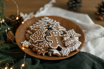 Merry Christmas! Gingerbread cookies with icing in plate on wooden rustic table with fir branches,...