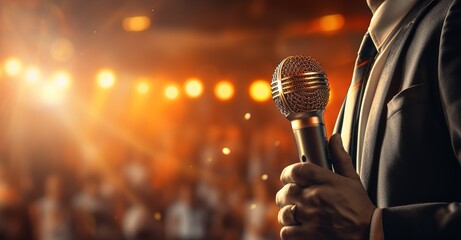 Man's hand holding a microphone, speaking with a microphone