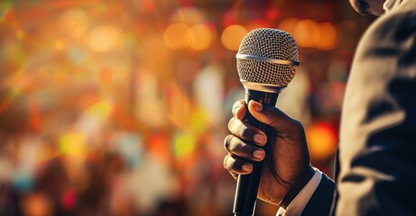 Man's hand holding a microphone, speaking with a microphone - obrazy, fototapety, plakaty