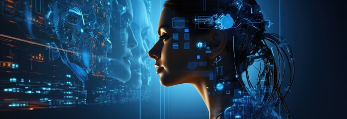 biometric identification of female human face. Innovative scanning technology - obrazy, fototapety, plakaty