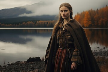 beautiful Scottish woman wearing old fashion plaid coat with autumn forest and lake as background, Generative Ai
