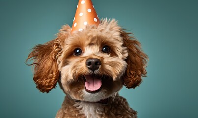 Happy cute dog in party hat celebrating birthday