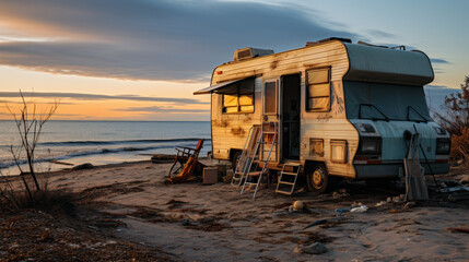 Obraz premium Seaside Serenity: Campervan Adventure by the Sea. Generative AI