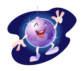 Mirror Disco Ball in the form of a humanized funny smiling character. Cartoon vector illustration isolated on white background