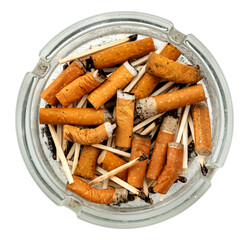 Ashtray with cigarette butts on a white background. Cigarettes. Smoking is harmful to human health