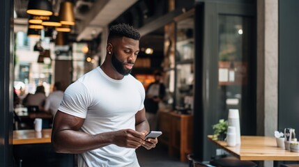 Close-up photo. A young handsome man, African-American stands on the street near a cafe. He is waiting for a meeting, holding his phone in his hands and looking at it, smiling.