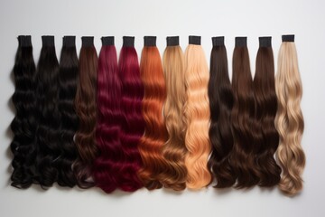 collection of hair extensions arranged in a row against a neutral background