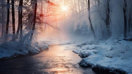 Obraz na płótnie Canvas Winter landscape, river, forest, low winter sun.