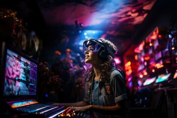 Woman having fun with virtual reality glasses surrounded by futuristic interface hologram data.