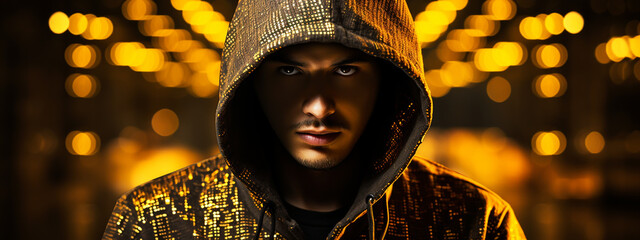 cybersecurity and hacker,coding,malware concept.Hooded computer hacker in cybersecurity on server room background.metaverse digital world technology.