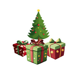 Decorated Christmas tree with presents. Flat cartoon design. AI generated vector illustration