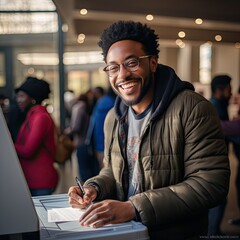 African American Man Voting at Polls in USA election Democratic process and Citizen Rights Duty and Freedom Concept