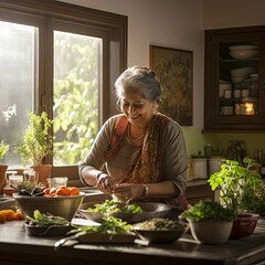 Senior Indian Woman Preparing Meal for Family Holiday Tradition and Happiness during Retirement Active Lifestyle Concept