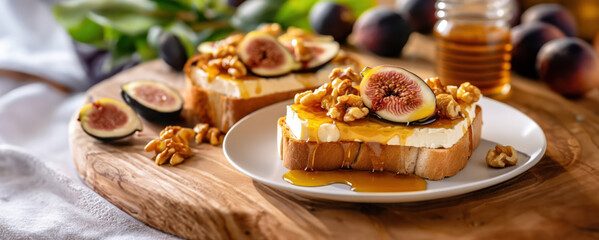 a slice of bread with figs, cheese, honey and walnuts for as a dessert or a snack, nice presentation on a wooden cheese board - Powered by Adobe