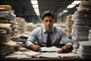 A young businessman sits at his desk, surrounded by piles of paperwork and a look of exhaustion on his face. The never-ending cycle of administration and paperwork has become a nightmare for him.