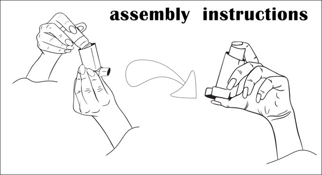 assembly instructions. Information on how to use an asthma inhaler. metered dose inhaler is used. Vector set of inhalation medicines