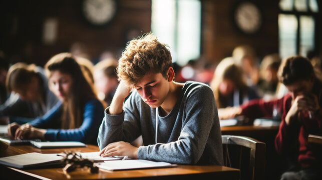 Education And Learning Concept. Portrait of tired and bored student sitting at desk