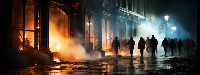 Protest and riot illustration. Criminal action with fire.