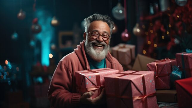 positive image of ethnic grandfather, wearing pink trendy hoodie, holds boxes of gifts with pink ribbons against blurred Christmas background. scene evokes spirit of New Year holiday celebrations